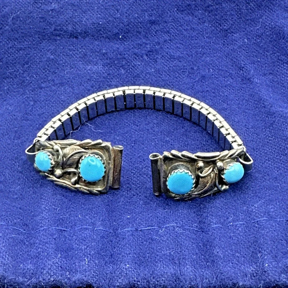 Vtg Signed RB Richard Begay Navajo Sterling Silver Turquoise Stretch Watch Band